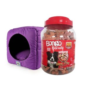 Dúo Cama Pet Spa Cubo 45x45x45 Morado +Galleta Bongo Parrillada x 1000 gramos